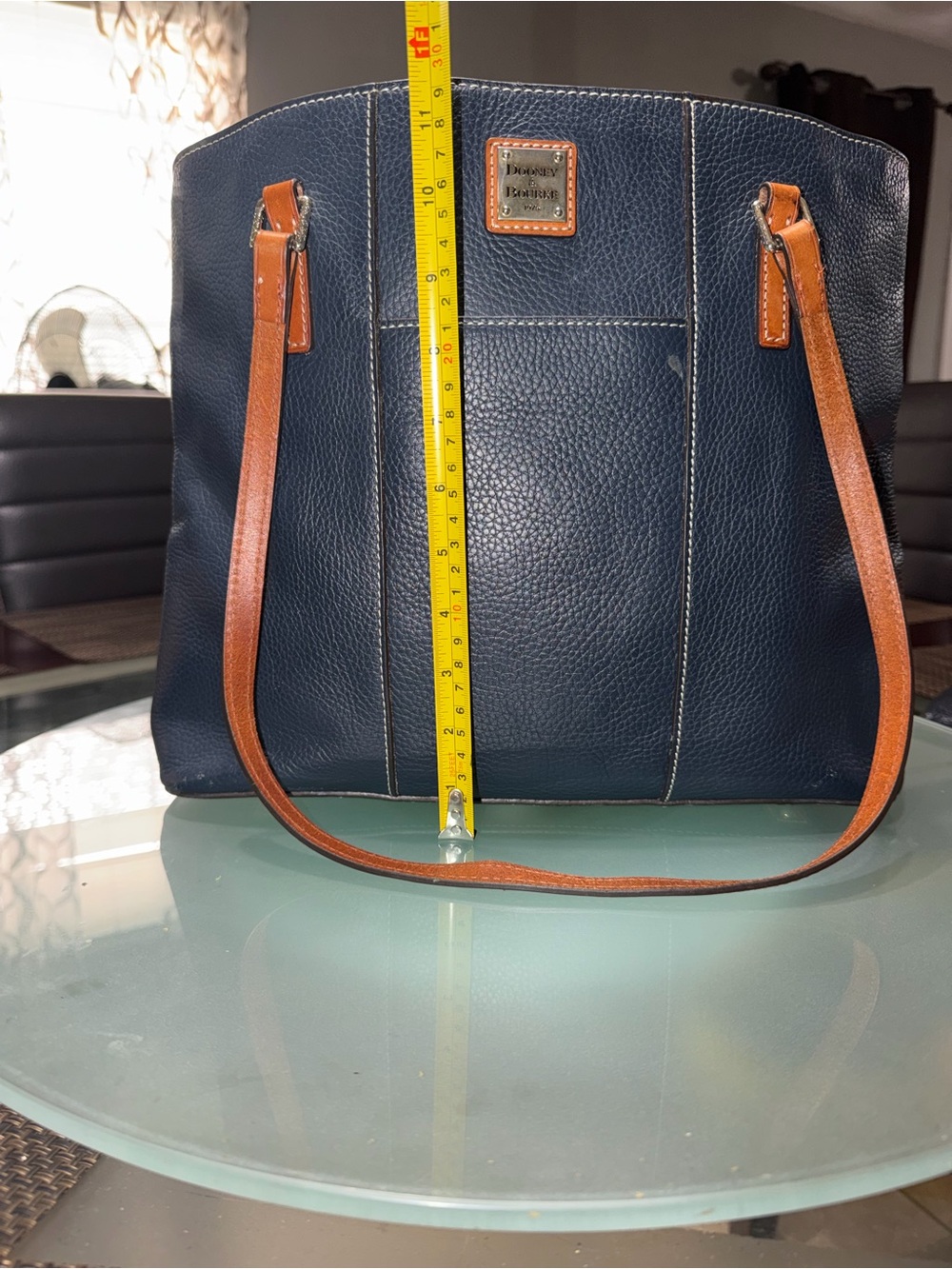 Dooney & Bourke Navy Pebbled Leather Tote with Brown Straps